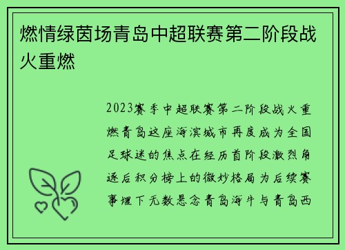 燃情绿茵场青岛中超联赛第二阶段战火重燃