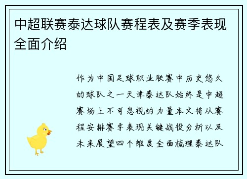 中超联赛泰达球队赛程表及赛季表现全面介绍